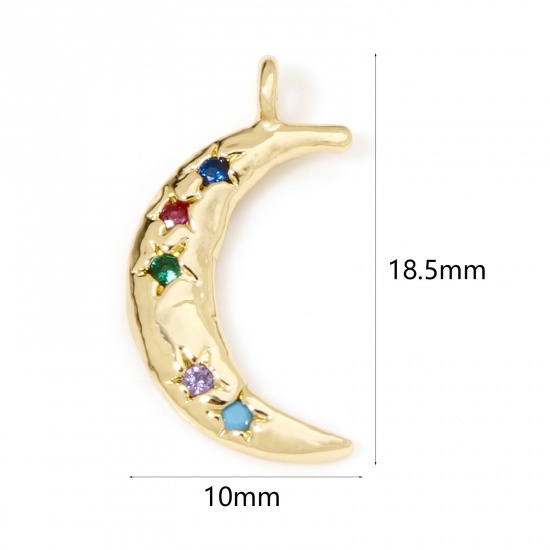 Image de 2 Pcs Breloques Galaxie en Laiton Respectueux de la Nature Demi Lune Plaqué Or Véritable 18K Etoile à Zircone Cubique Multicolore 18.5mm x 10mm
