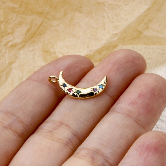 Image de 2 Pcs Breloques Galaxie en Laiton Respectueux de la Nature Demi Lune Plaqué Or Véritable 18K Etoile à Zircone Cubique Multicolore 18.5mm x 10mm