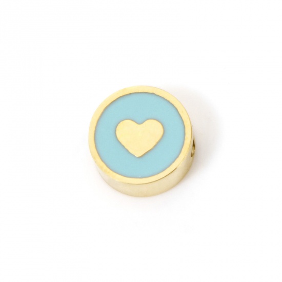 Bild von 2 Stück Umweltfreundliche PVD-Vakuumbeschichtung 304 Edelstahl Valentinstag Perlen zur DIY-Schmuckherstellung Flachrund 14K Echtgold plattiert Mintgrün Herz Emaille 8mm D., Loch: ca. 1.8mm