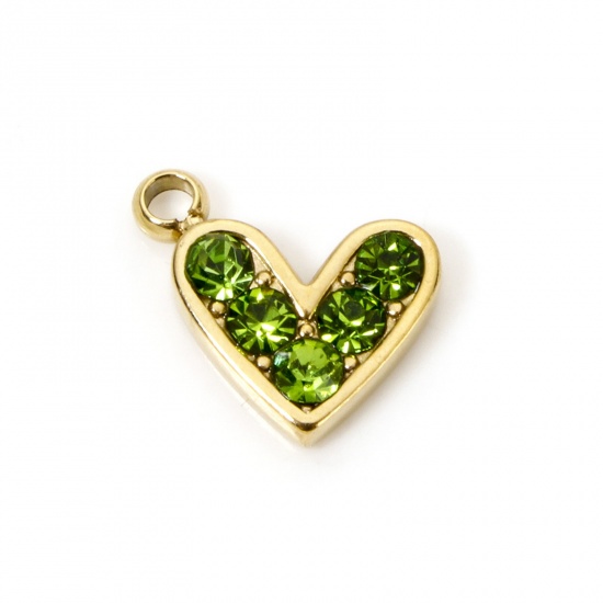 Picture of 1 Piece Eco-friendly PVD Vacuum Plating 304 Stainless Steel Valentine's Day Charms 14K Real Gold Plated Heart Green Rhinestone 10mm x 9mm