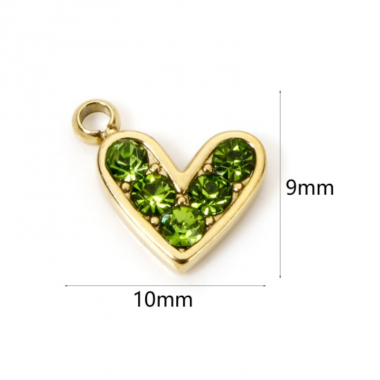 Picture of 1 Piece Eco-friendly PVD Vacuum Plating 304 Stainless Steel Valentine's Day Charms 14K Real Gold Plated Heart Green Rhinestone 10mm x 9mm