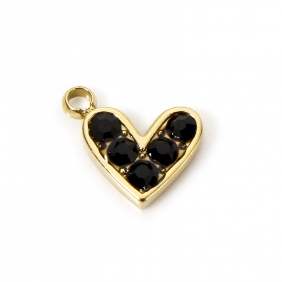 Picture of 1 Piece Eco-friendly PVD Vacuum Plating 304 Stainless Steel Valentine's Day Charms 14K Real Gold Plated Heart Black Rhinestone 10mm x 9mm