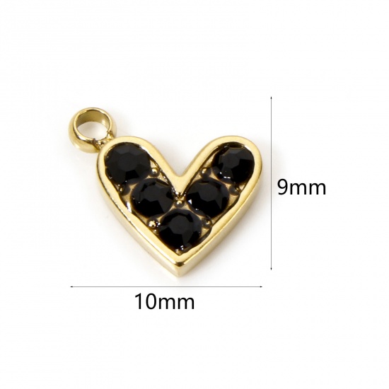 Picture of 1 Piece Eco-friendly PVD Vacuum Plating 304 Stainless Steel Valentine's Day Charms 14K Real Gold Plated Heart Black Rhinestone 10mm x 9mm