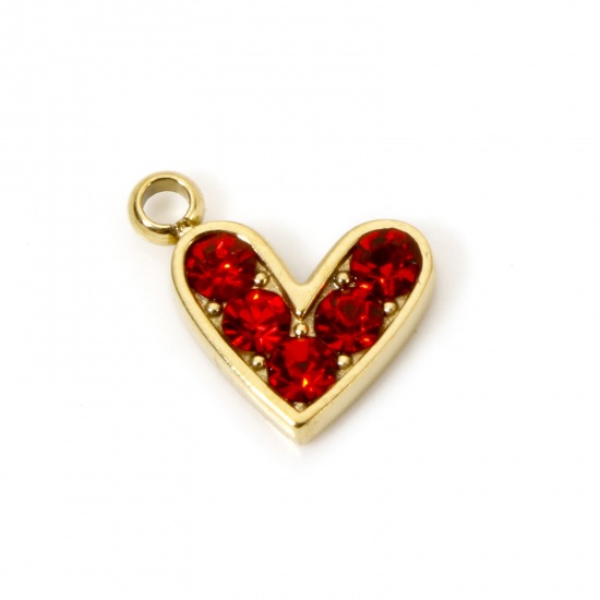 Picture of 1 Piece Eco-friendly PVD Vacuum Plating 304 Stainless Steel Valentine's Day Charms 14K Real Gold Plated Heart Red Rhinestone 10mm x 9mm