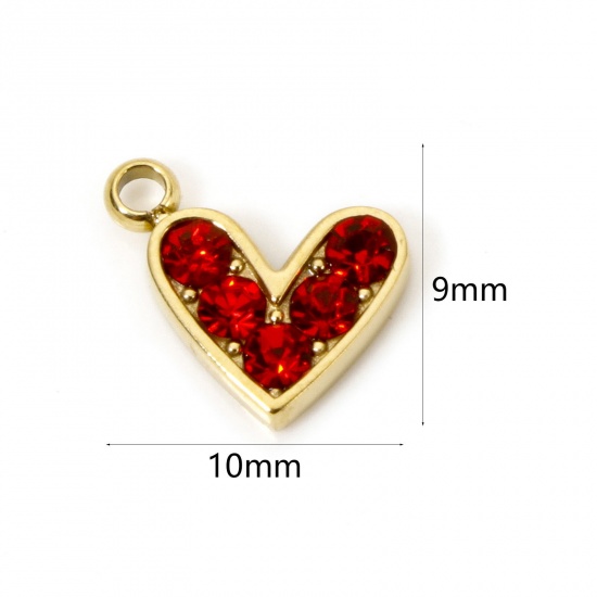 Picture of 1 Piece Eco-friendly PVD Vacuum Plating 304 Stainless Steel Valentine's Day Charms 14K Real Gold Plated Heart Red Rhinestone 10mm x 9mm