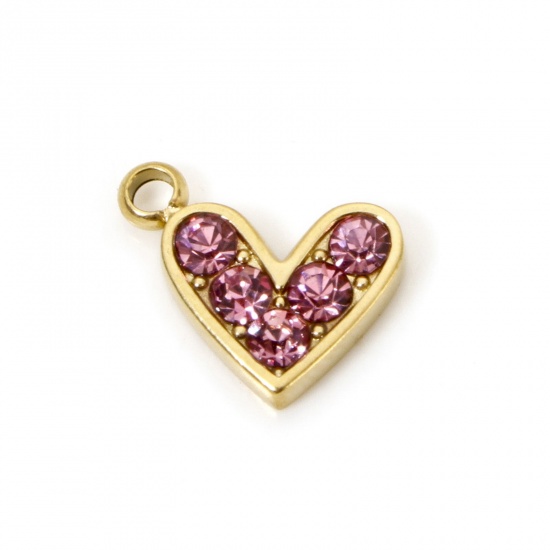 Picture of 1 Piece Eco-friendly PVD Vacuum Plating 304 Stainless Steel Valentine's Day Charms 14K Real Gold Plated Heart Pink Rhinestone 10mm x 9mm