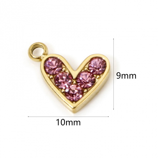 Picture of 1 Piece Eco-friendly PVD Vacuum Plating 304 Stainless Steel Valentine's Day Charms 14K Real Gold Plated Heart Pink Rhinestone 10mm x 9mm