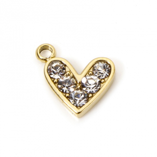 Picture of 1 Piece Eco-friendly PVD Vacuum Plating 304 Stainless Steel Valentine's Day Charms 14K Real Gold Plated Heart Clear Rhinestone 10mm x 9mm