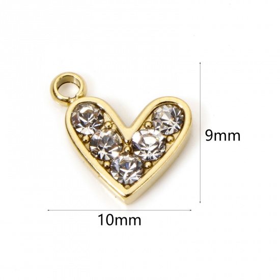 Picture of 1 Piece Eco-friendly PVD Vacuum Plating 304 Stainless Steel Valentine's Day Charms 14K Real Gold Plated Heart Clear Rhinestone 10mm x 9mm