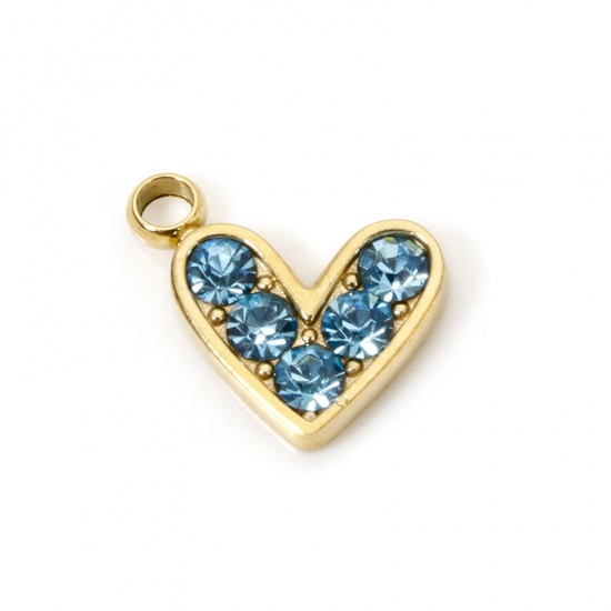 Picture of 1 Piece Eco-friendly PVD Vacuum Plating 304 Stainless Steel Valentine's Day Charms 14K Real Gold Plated Heart Blue Rhinestone 10mm x 9mm