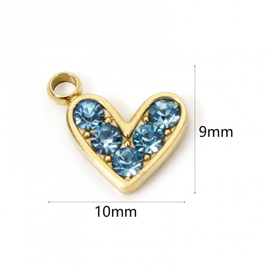 Picture of 1 Piece Eco-friendly PVD Vacuum Plating 304 Stainless Steel Valentine's Day Charms 14K Real Gold Plated Heart Blue Rhinestone 10mm x 9mm