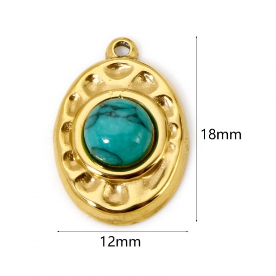 Bild von 1 Stück Umweltfreundliche PVD-Vakuumbeschichtung 304 Edelstahl Gehämmert Charms Oval 18K Echtgold plattiert Grün Mit synthetischen Edelstein Cabochons 18mm x 12mm
