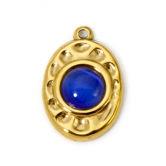 Bild von 1 Stück Umweltfreundliche PVD-Vakuumbeschichtung 304 Edelstahl Gehämmert Charms Oval 18K Echtgold plattiert Dunkelblau Mit synthetischen Edelstein Cabochons 18mm x 12mm