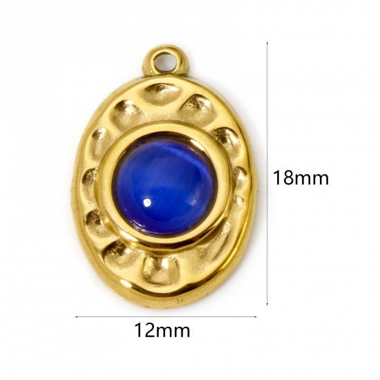 Bild von 1 Stück Umweltfreundliche PVD-Vakuumbeschichtung 304 Edelstahl Gehämmert Charms Oval 18K Echtgold plattiert Dunkelblau Mit synthetischen Edelstein Cabochons 18mm x 12mm
