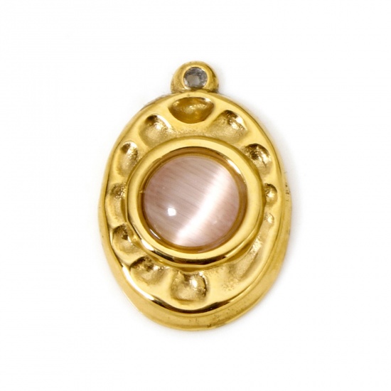 Bild von 1 Stück Umweltfreundliche PVD-Vakuumbeschichtung 304 Edelstahl Gehämmert Charms Oval 18K Echtgold plattiert Rosa Mit synthetischen Edelstein Cabochons 18mm x 12mm