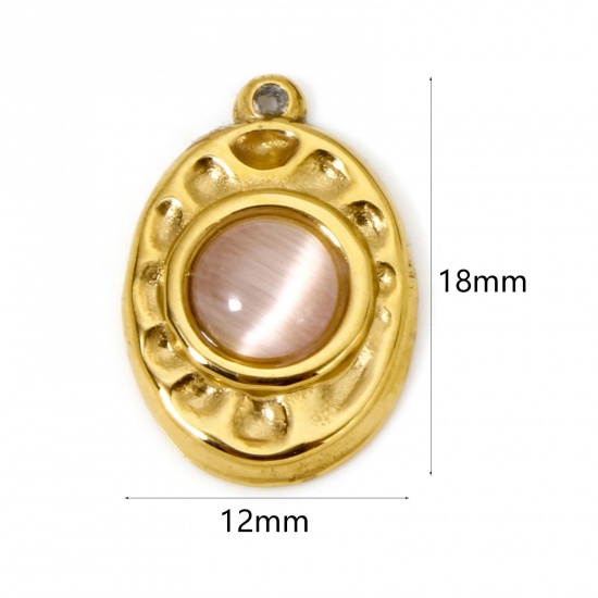 Bild von 1 Stück Umweltfreundliche PVD-Vakuumbeschichtung 304 Edelstahl Gehämmert Charms Oval 18K Echtgold plattiert Rosa Mit synthetischen Edelstein Cabochons 18mm x 12mm