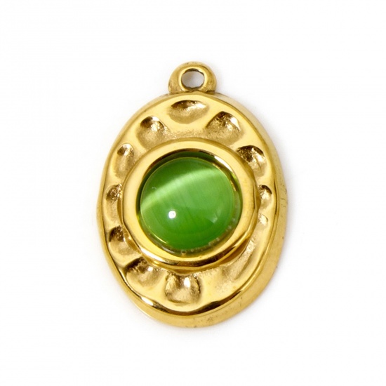 Bild von 1 Stück Umweltfreundliche PVD-Vakuumbeschichtung 304 Edelstahl Gehämmert Charms Oval 18K Echtgold plattiert Grün Mit synthetischen Edelstein Cabochons 18mm x 12mm