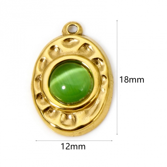 Bild von 1 Stück Umweltfreundliche PVD-Vakuumbeschichtung 304 Edelstahl Gehämmert Charms Oval 18K Echtgold plattiert Grün Mit synthetischen Edelstein Cabochons 18mm x 12mm