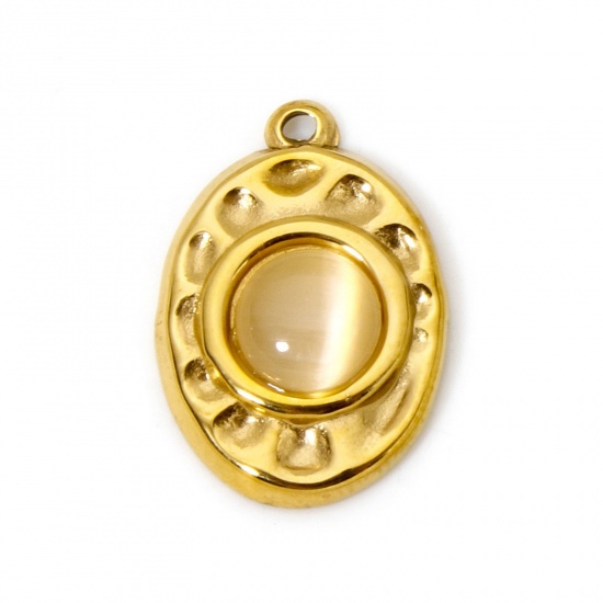 Bild von 1 Stück Umweltfreundliche PVD-Vakuumbeschichtung 304 Edelstahl Gehämmert Charms Oval 18K Echtgold plattiert Beige Mit synthetischen Edelstein Cabochons 18mm x 12mm