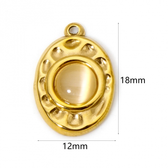 Bild von 1 Stück Umweltfreundliche PVD-Vakuumbeschichtung 304 Edelstahl Gehämmert Charms Oval 18K Echtgold plattiert Beige Mit synthetischen Edelstein Cabochons 18mm x 12mm