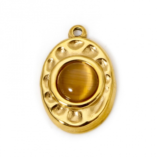 Bild von 1 Stück Umweltfreundliche PVD-Vakuumbeschichtung 304 Edelstahl Gehämmert Charms Oval 18K Echtgold plattiert Kaffeebraun Mit synthetischen Edelstein Cabochons 18mm x 12mm