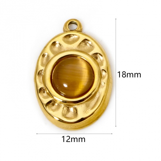 Bild von 1 Stück Umweltfreundliche PVD-Vakuumbeschichtung 304 Edelstahl Gehämmert Charms Oval 18K Echtgold plattiert Kaffeebraun Mit synthetischen Edelstein Cabochons 18mm x 12mm