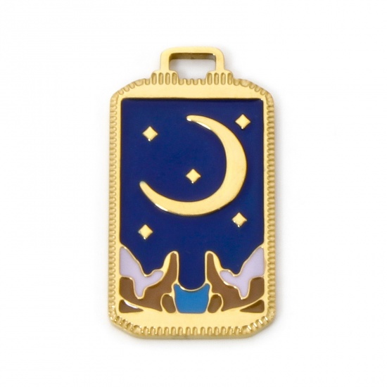 Bild von 1 Stück Umweltfreundliche PVD-Vakuumbeschichtung 304 Edelstahl Tarot Charms Rechteck 18K Echtgold plattiert Mond Emaille 25.5mm x 14mm