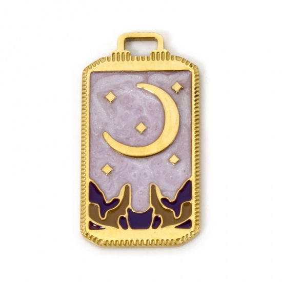 Bild von 1 Stück Umweltfreundliche PVD-Vakuumbeschichtung 304 Edelstahl Tarot Charms Rechteck 18K Echtgold plattiert Mond Emaille 25.5mm x 14mm