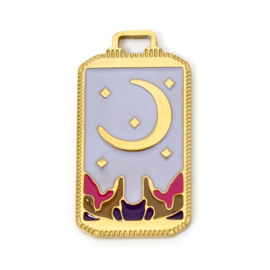 Bild von 1 Stück Umweltfreundliche PVD-Vakuumbeschichtung 304 Edelstahl Tarot Charms Rechteck 18K Echtgold plattiert Mond Emaille 25.5mm x 14mm
