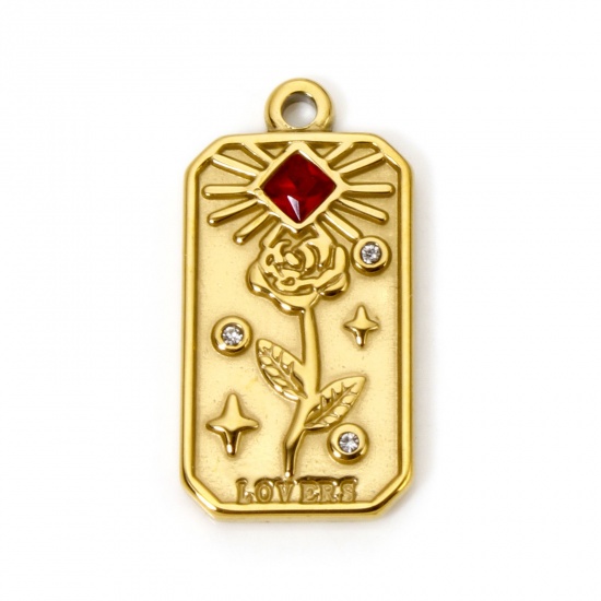 Bild von 1 Stück Umweltfreundliche PVD-Vakuumbeschichtung 304 Edelstahl Flora Kollektion Charms Rechteck 18K Echtgold plattiert Rose Rot Strass 25.5mm x 13mm