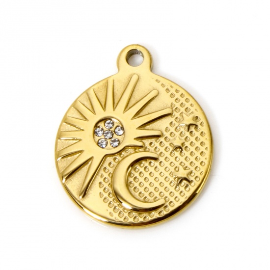 Bild von 1 Stück Umweltfreundliche PVD-Vakuumbeschichtung 304 Edelstahl Galaxis Charms Rund 18K Echtgold plattiert Sonne Transparent Strass 22mm x 18mm