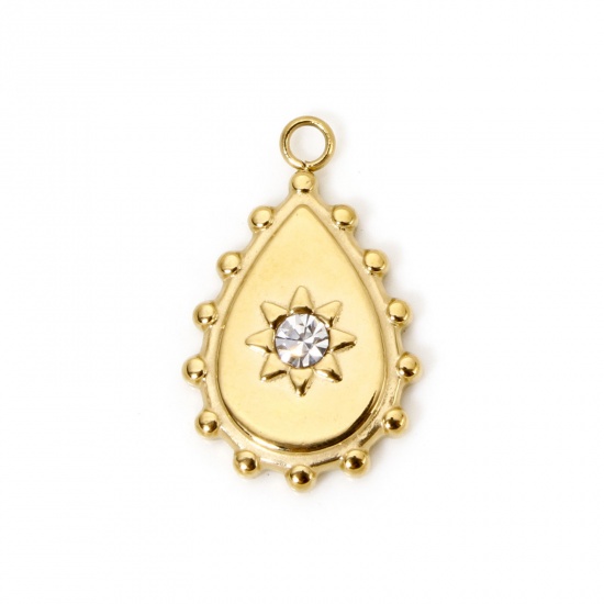 Immagine di 1 Pz Placcatura Sottovuoto PVD Ecologica 304 Acciaio Inossidabile Ciondoli Goccia 18K Vero Oro Placcato Trasparente Strass 20mm x 13mm