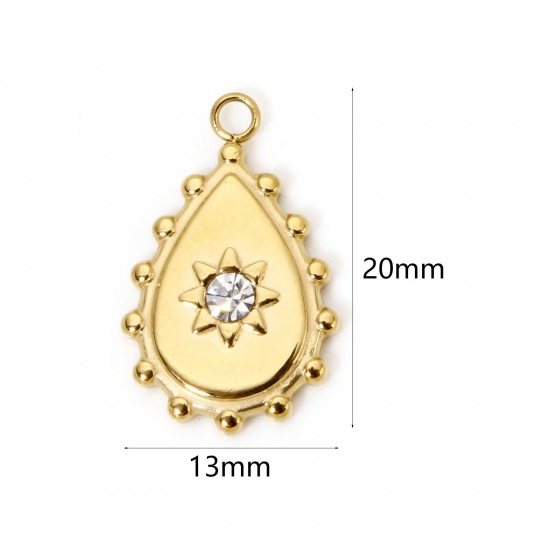 Immagine di 1 Pz Placcatura Sottovuoto PVD Ecologica 304 Acciaio Inossidabile Ciondoli Goccia 18K Vero Oro Placcato Trasparente Strass 20mm x 13mm