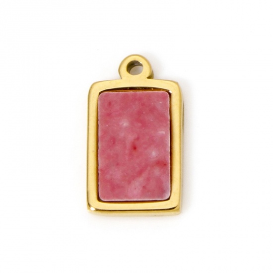 Immagine di 1 Pz Placcatura Sottovuoto PVD Ecologica 304 Acciaio Inossidabile Ciondoli Rettangolo 18K Vero Oro Placcato Rosa Con Cabochon di Gemma Sintetica 12mm x 7mm