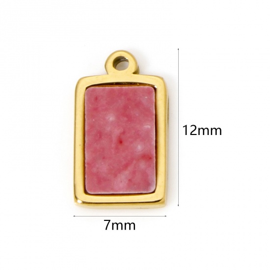 Immagine di 1 Pz Placcatura Sottovuoto PVD Ecologica 304 Acciaio Inossidabile Ciondoli Rettangolo 18K Vero Oro Placcato Rosa Con Cabochon di Gemma Sintetica 12mm x 7mm