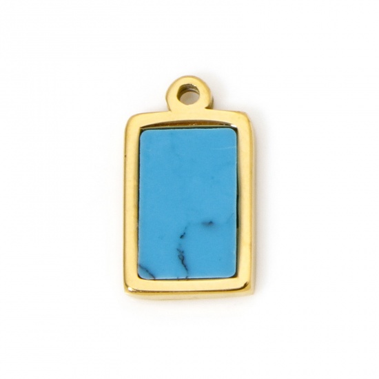 Immagine di 1 Pz Placcatura Sottovuoto PVD Ecologica 304 Acciaio Inossidabile Ciondoli Rettangolo 18K Vero Oro Placcato Blu Con Cabochon di Gemma Sintetica 12mm x 7mm