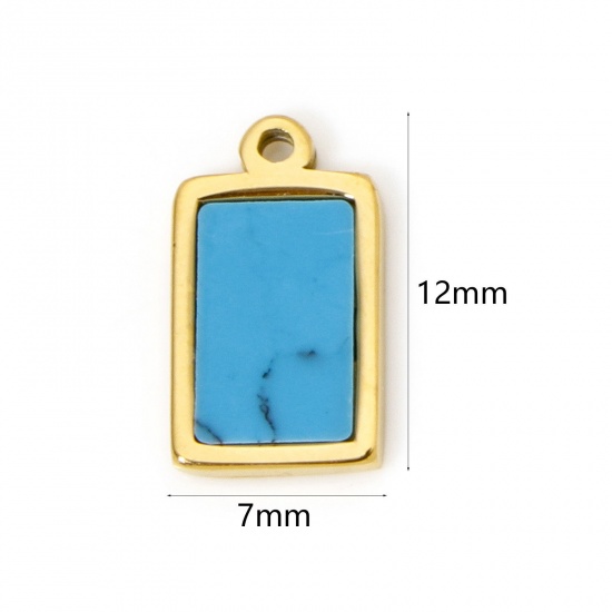 Immagine di 1 Pz Placcatura Sottovuoto PVD Ecologica 304 Acciaio Inossidabile Ciondoli Rettangolo 18K Vero Oro Placcato Blu Con Cabochon di Gemma Sintetica 12mm x 7mm