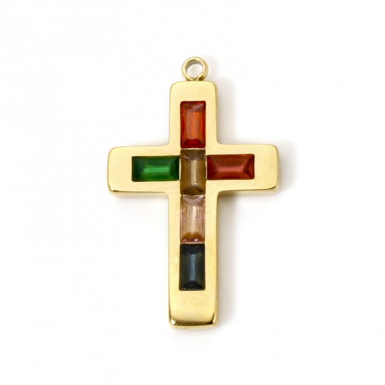 Image de 1 Pièce Breloques en 304 Acier Inoxydable Placage sous Vide PVD Respectueux de l'Environnement Religieux Croix Plaqué Or Véritable 14K à Zircone Cubique Multicolore 25mm x 15mm