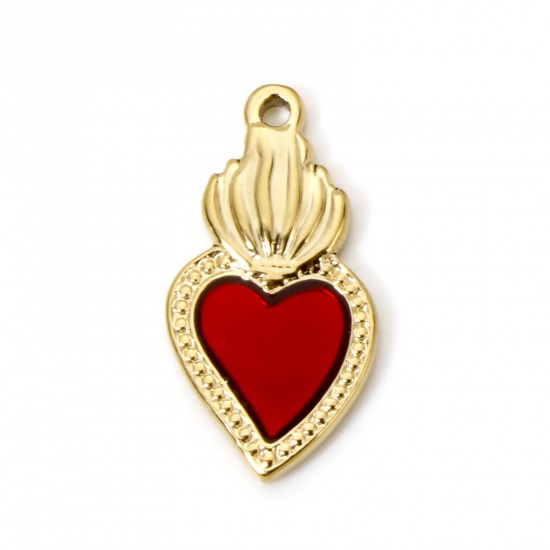Image de 1 Pièce Breloques en 304 Acier Inoxydable Placage sous Vide PVD Respectueux de l'Environnement Religieux Coeur de Ex-Voto Plaqué Or Véritable 14K Émail 22mm x 11.5mm
