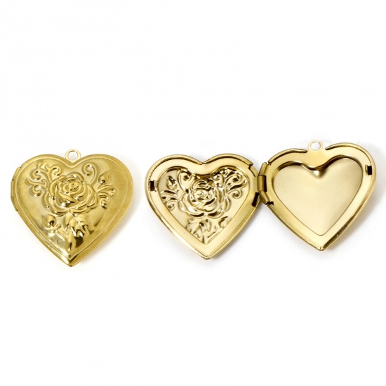 Picture of 1 Piece Eco-friendly PVD Vacuum Plating 304 Stainless Steel Picture Photo Locket Frame Pendants 14K Real Gold Plated Heart Rose Flower Can Open 29mm x 28.5mm