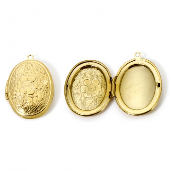 Picture of 1 Piece Eco-friendly PVD Vacuum Plating 304 Stainless Steel Picture Photo Locket Frame Pendants 14K Real Gold Plated Oval Flower Can Open 3.3cm x 2.4cm