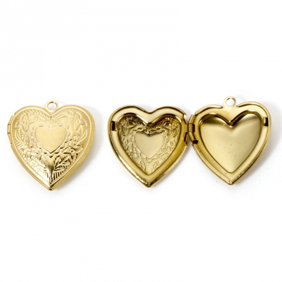 Picture of 1 Piece Eco-friendly PVD Vacuum Plating 304 Stainless Steel Picture Photo Locket Frame Pendants 14K Real Gold Plated Heart Wreath Can Open 25mm x 23mm