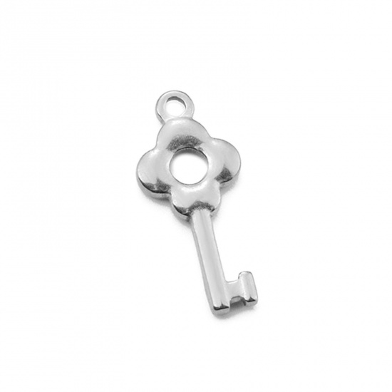 Image de 2 Pcs Breloques en 304 Acier Inoxydable Clé Argent Mat Fleurs 25mm x 11mm