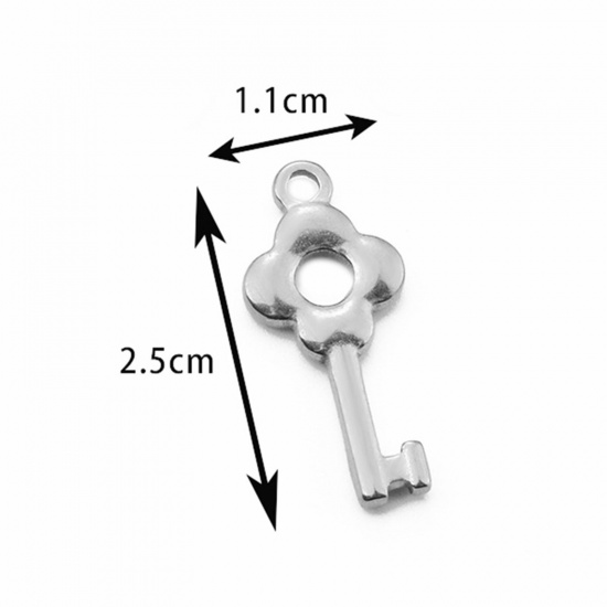 Image de 2 Pcs Breloques en 304 Acier Inoxydable Clé Argent Mat Fleurs 25mm x 11mm