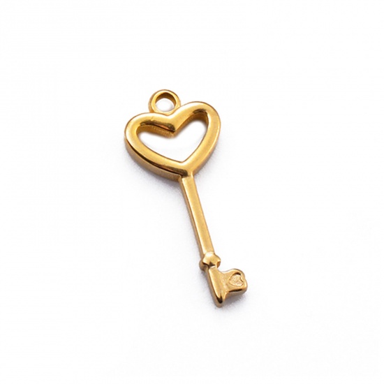 Image de 2 Pcs Breloques en 304 Acier Inoxydable La Saint Valentin Clé Doré Cœur 25mm x 10.5mm
