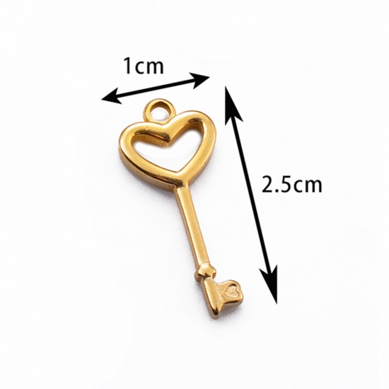 Image de 2 Pcs Breloques en 304 Acier Inoxydable La Saint Valentin Clé Doré Cœur 25mm x 10.5mm