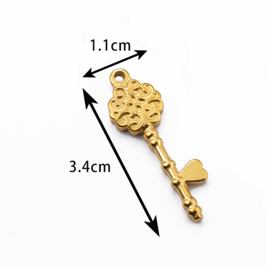 Image de 2 Pcs Breloques en 304 Acier Inoxydable Clé Doré Fleurs 3.4cm x 1.1cm