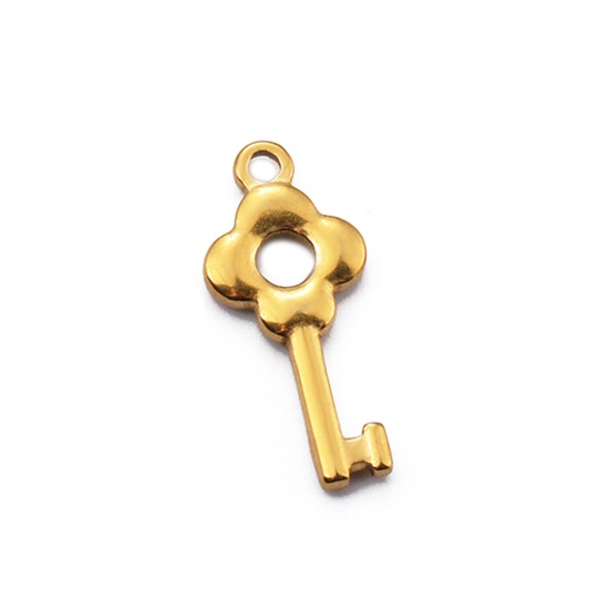 Image de 2 Pcs Breloques en 304 Acier Inoxydable Clé Doré Fleurs 25mm x 11mm