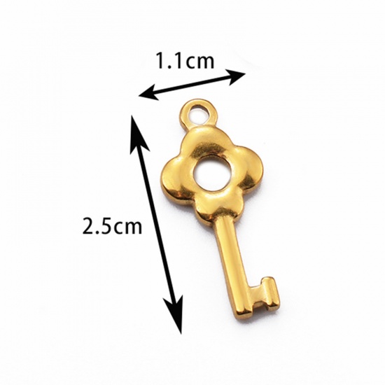 Image de 2 Pcs Breloques en 304 Acier Inoxydable Clé Doré Fleurs 25mm x 11mm