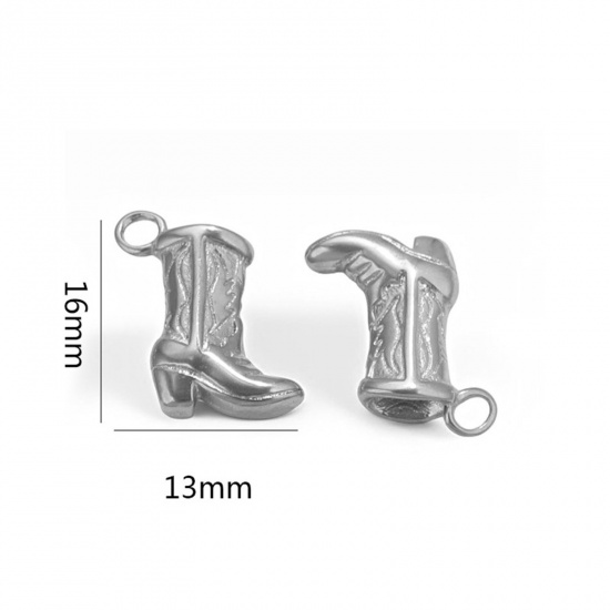 1 個 304ステンレス鋼 ウエストカウボーイ チャーム ブーツ シルバートーン 彫刻 3D 15mm x 12mm、 の画像